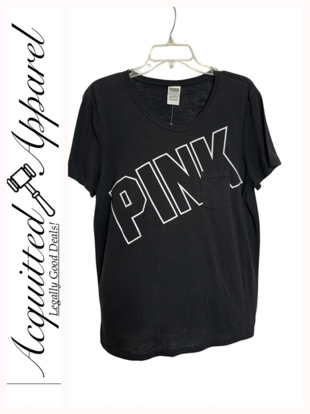 PINK Victoria's Secret Black Diagonal Logo Pocket Tee Large